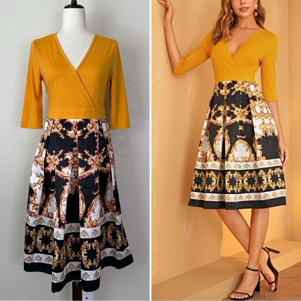 Shein Mustard Yellow Printed Skirt 3/4 Sleeves Midi Dress, Sz Medium